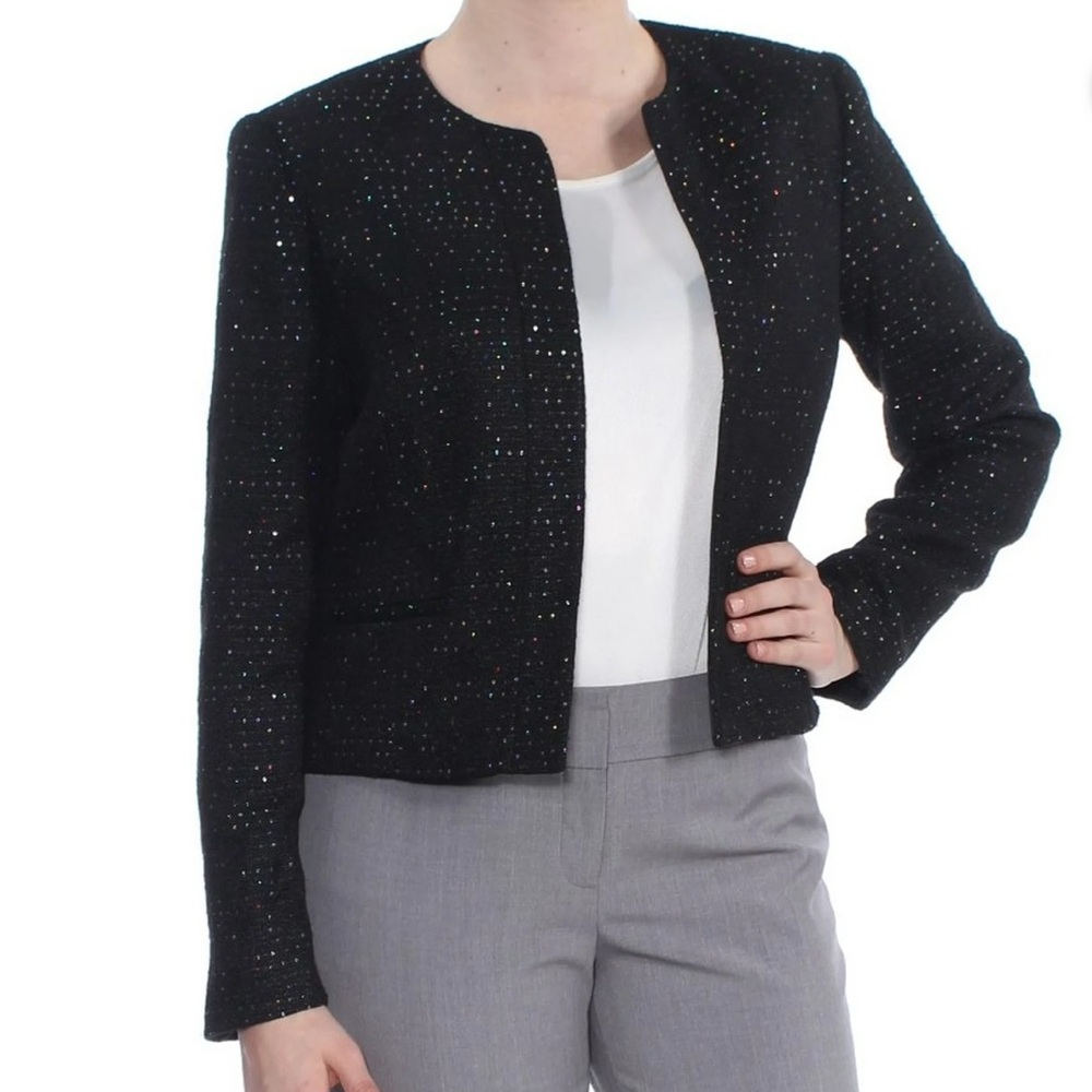 NINE WEST Womens Black Sequined Tweed Flyaway Blazer Formal Party Jacket size 14 - Picture 3 of 10